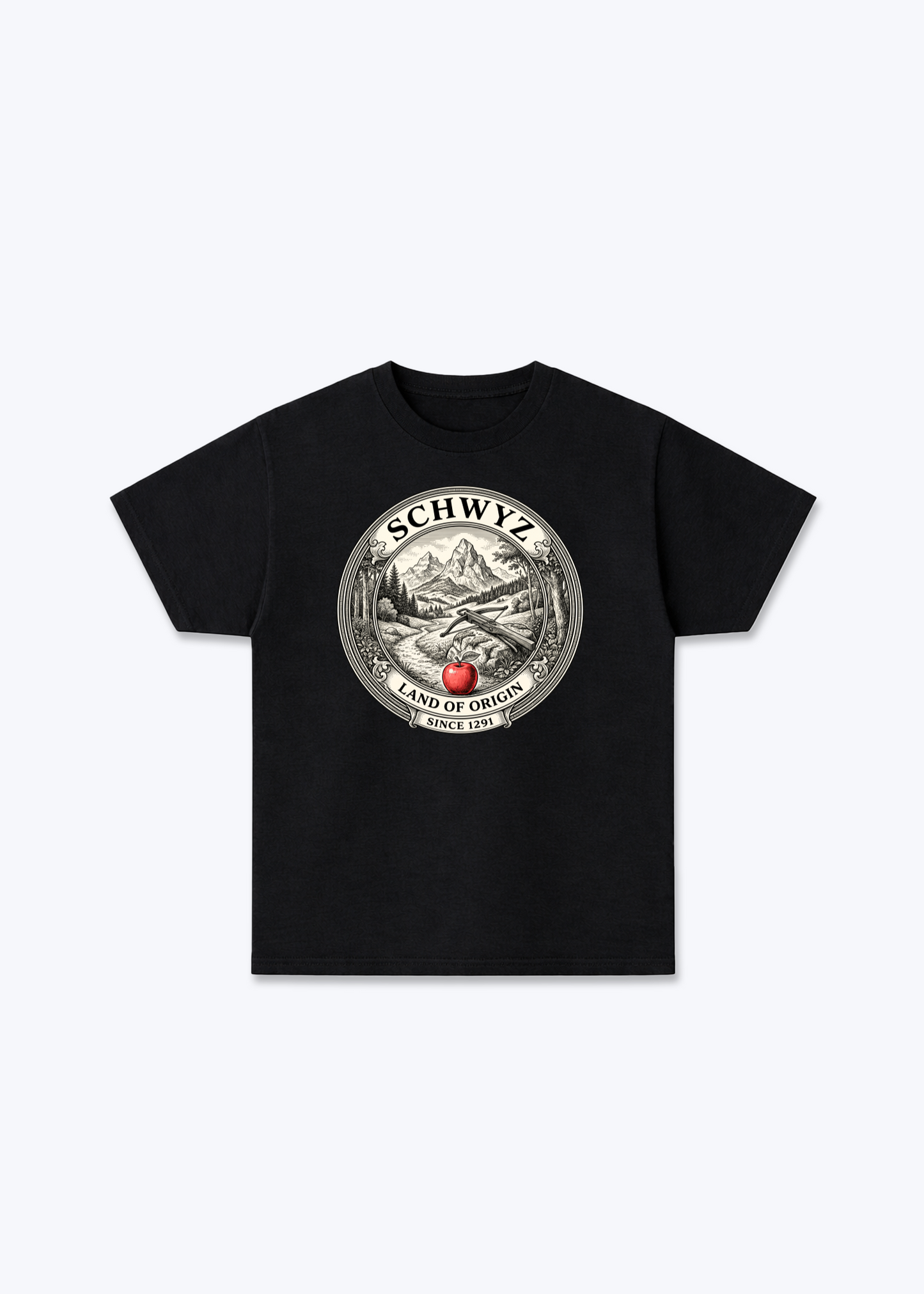 Schwyz Land of Origin Tee - Black Front (Designed)