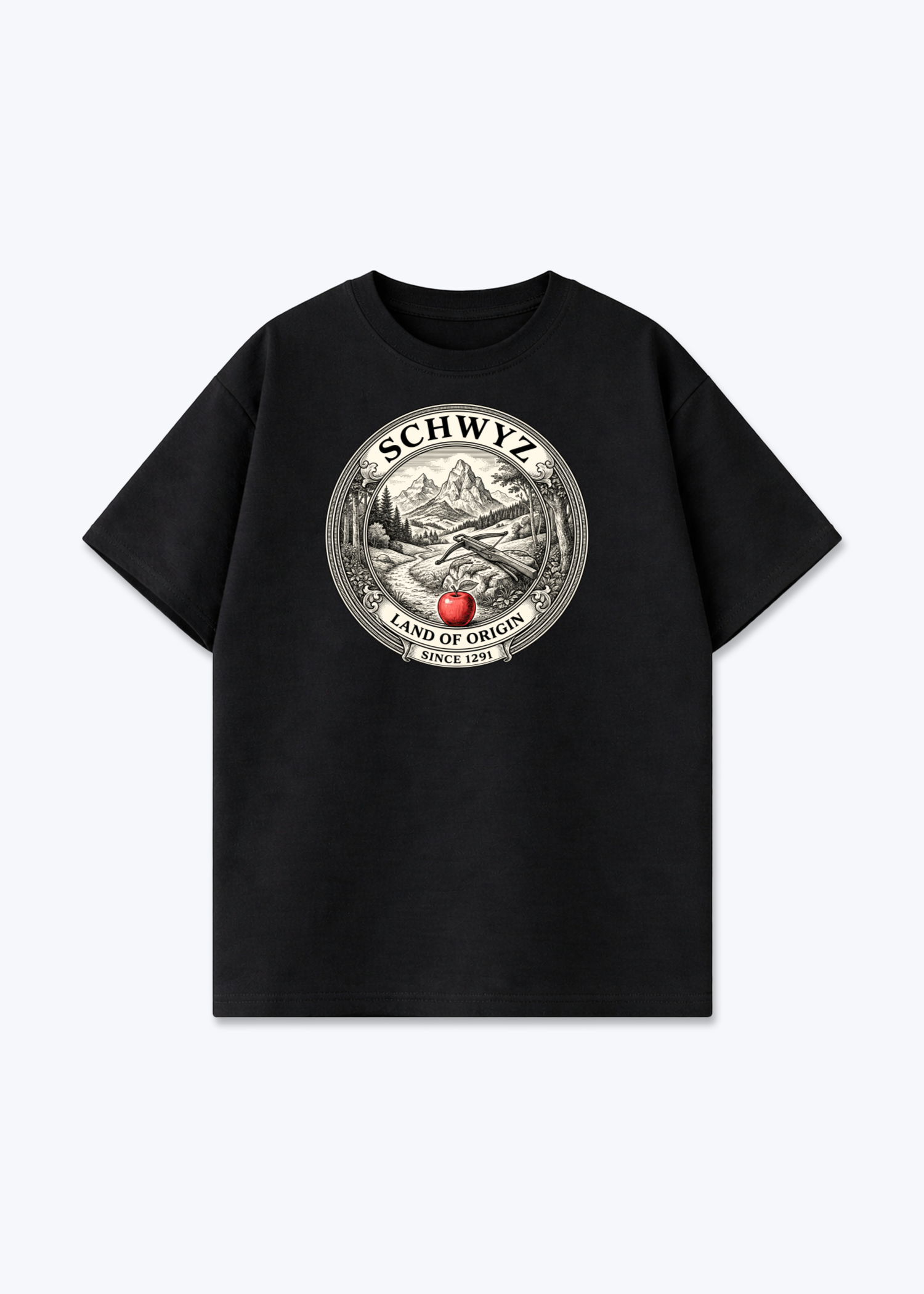 Schwyz Land of Origin Tee - Black Front (Designed)