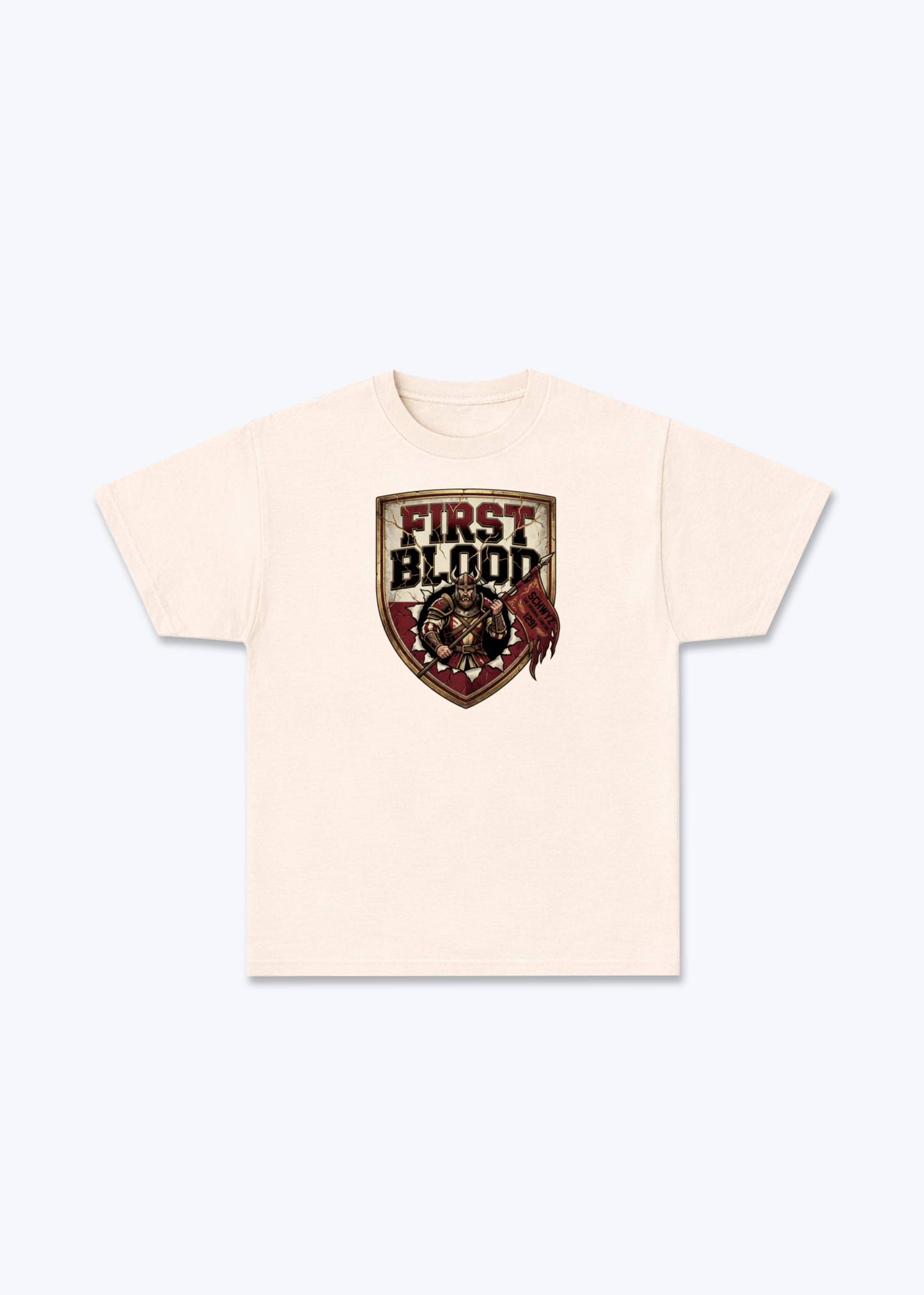 Schwyz First Blood Tee - Beige Front (Designed)