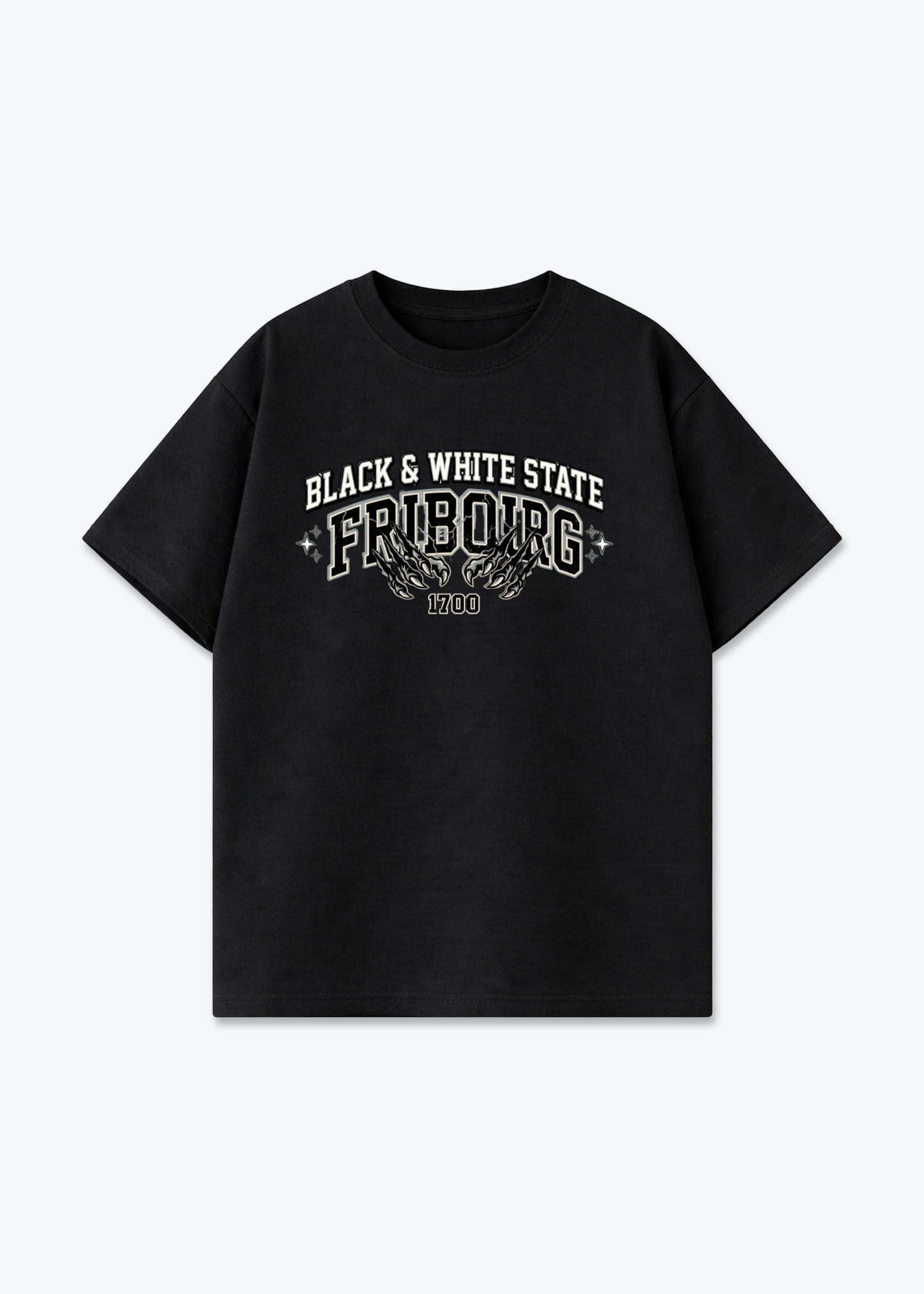 Fribourg Black & White Tee - Black Front (Designed)