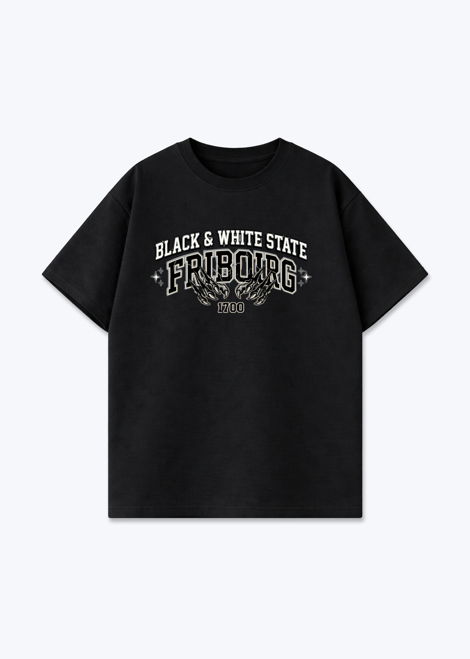 Fribourg Black & White Tee - Black Front (Designed)
