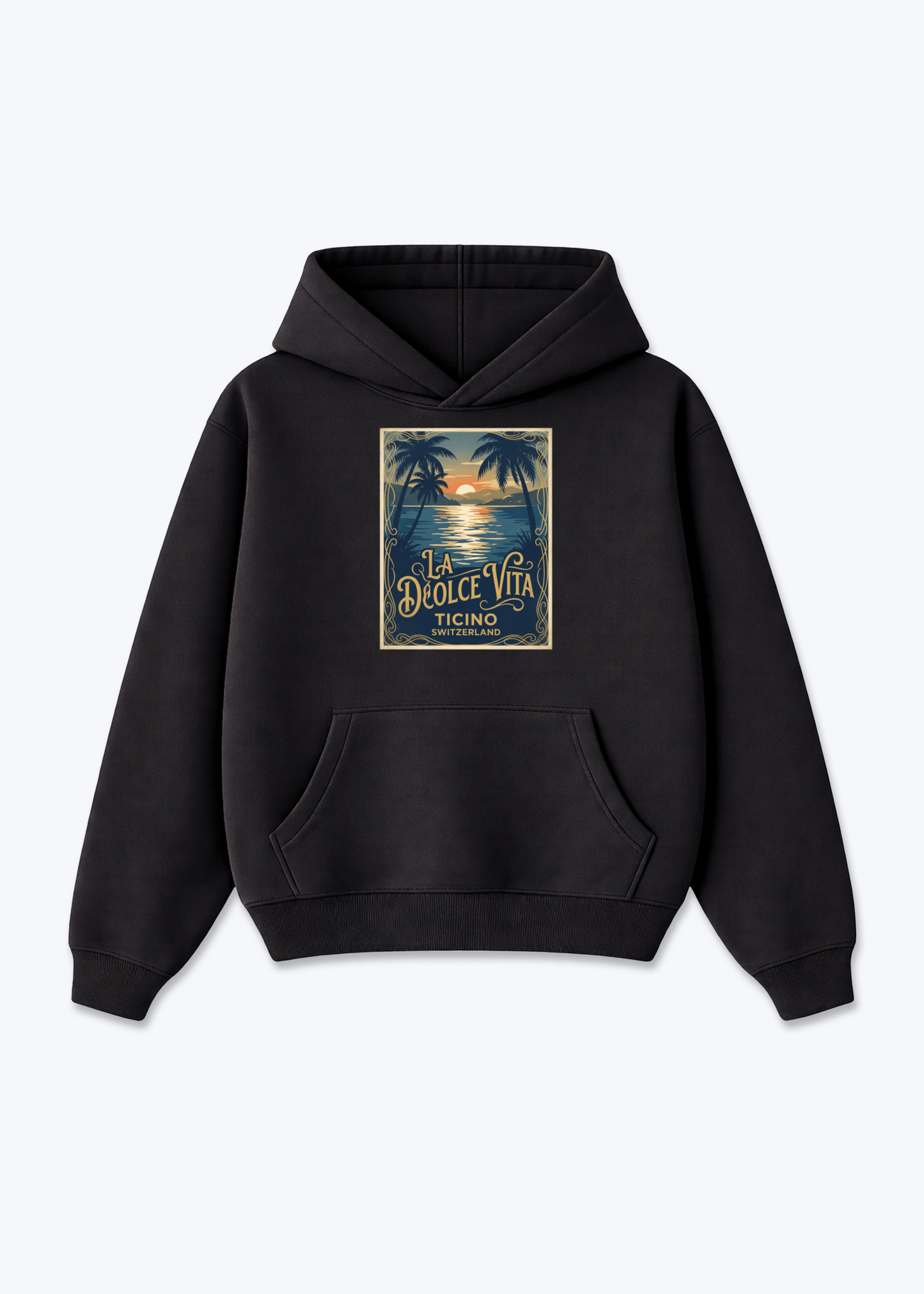 Tessin La Dolce Vita Hoodie - Black Front (Designed)