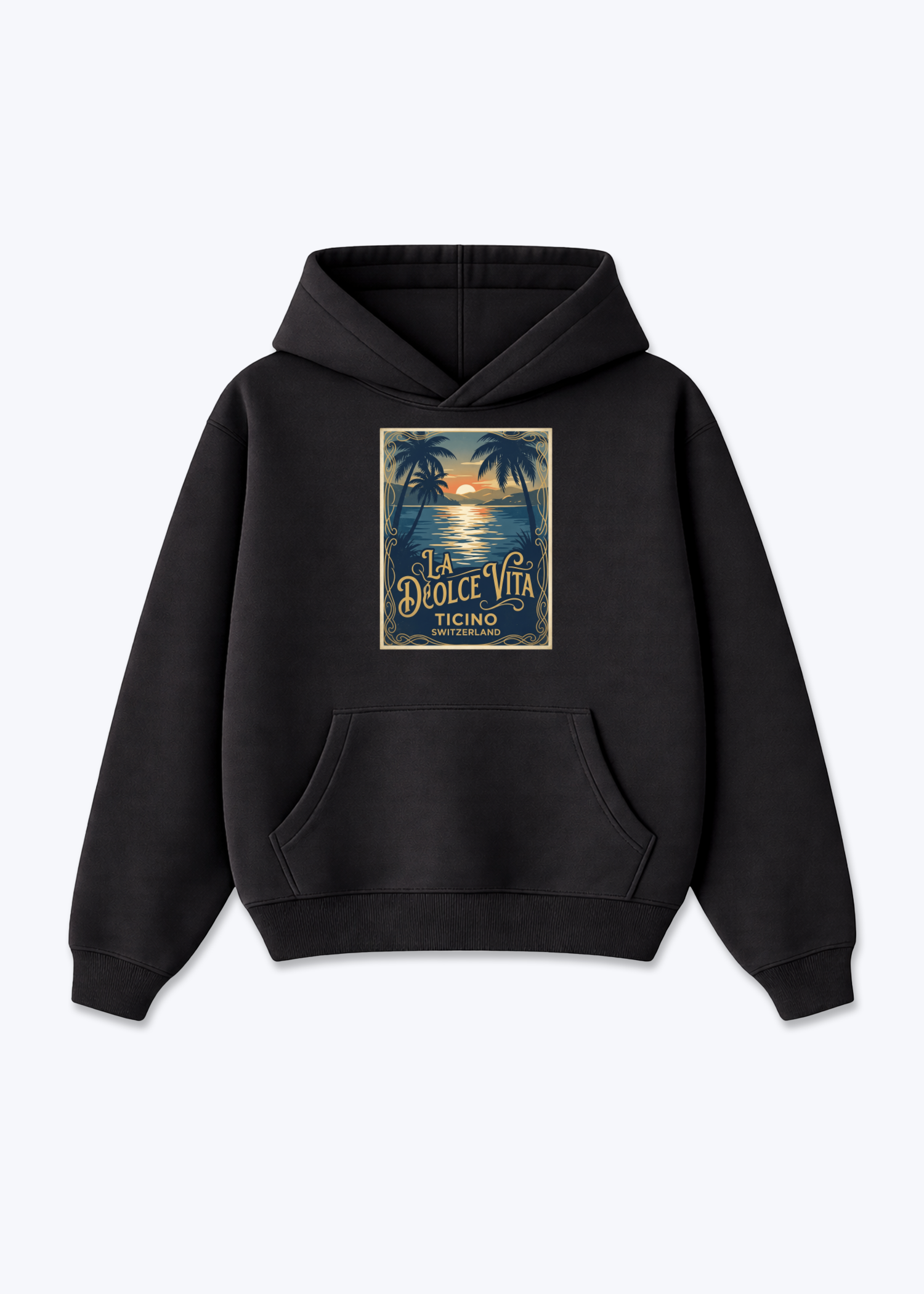 Tessin La Dolce Vita Hoodie - Black Front (Designed)
