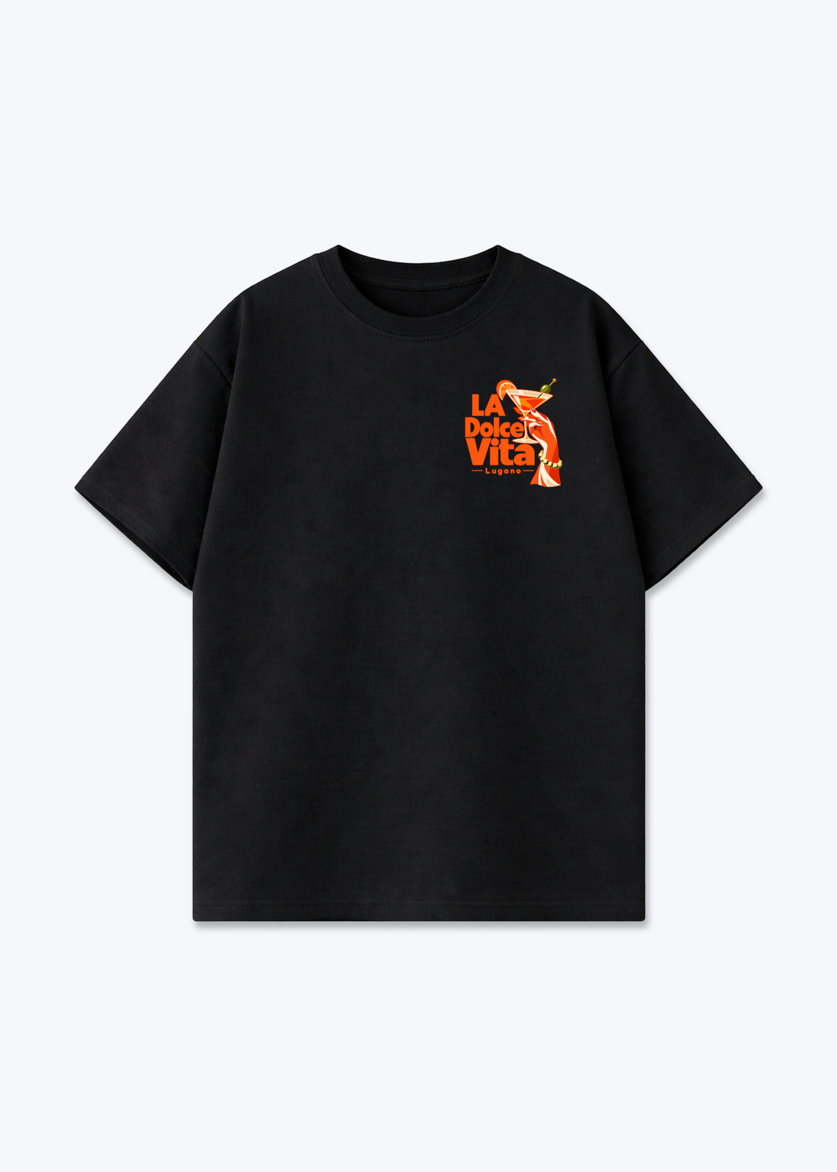 Tessin Dolce Vita Oversized T-Shirt - Black Front (Designed)