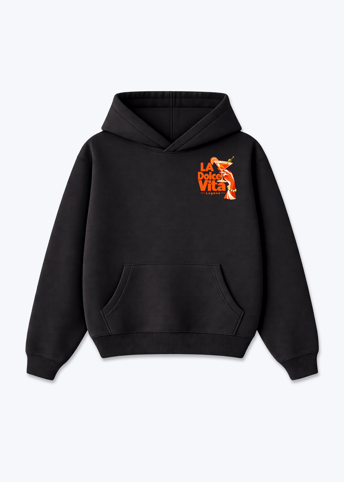 Tessin Dolce Vita Oversized Hoodie - Black Front (Designed)